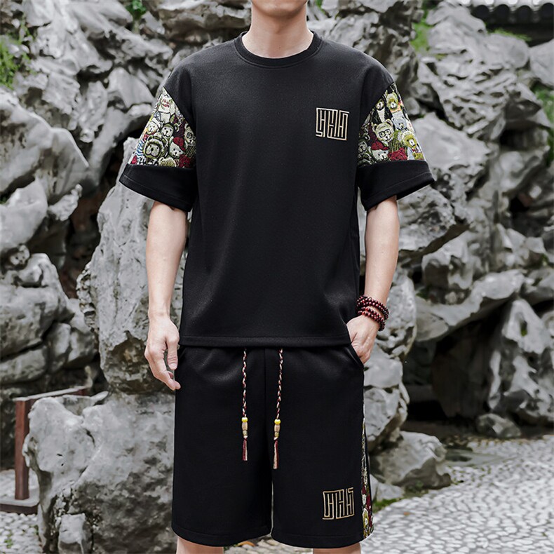夏季拼接男士休闲运动套装男宽松刺绣T恤一套潮A266-TZ8807-P47,男装T恤,电商A266