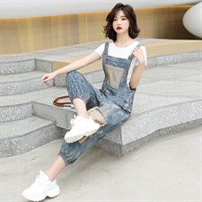 牛仔背带裤女2025夏季新款休闲宽松显瘦复古九分裤百搭束脚连体裤，女装休闲裤，潮流依族