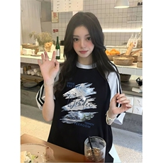 抖音得物品质二开240克宽松纯棉美式潮牌插肩三杠织带短袖T恤，男装T恤，电商A486