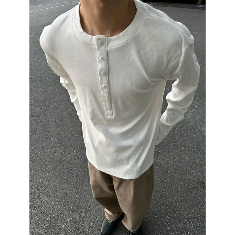 秋冬男极简老钱风亨利领长袖T恤美式通勤打底衫cleanfit单品上衣,男装T恤,星座516A