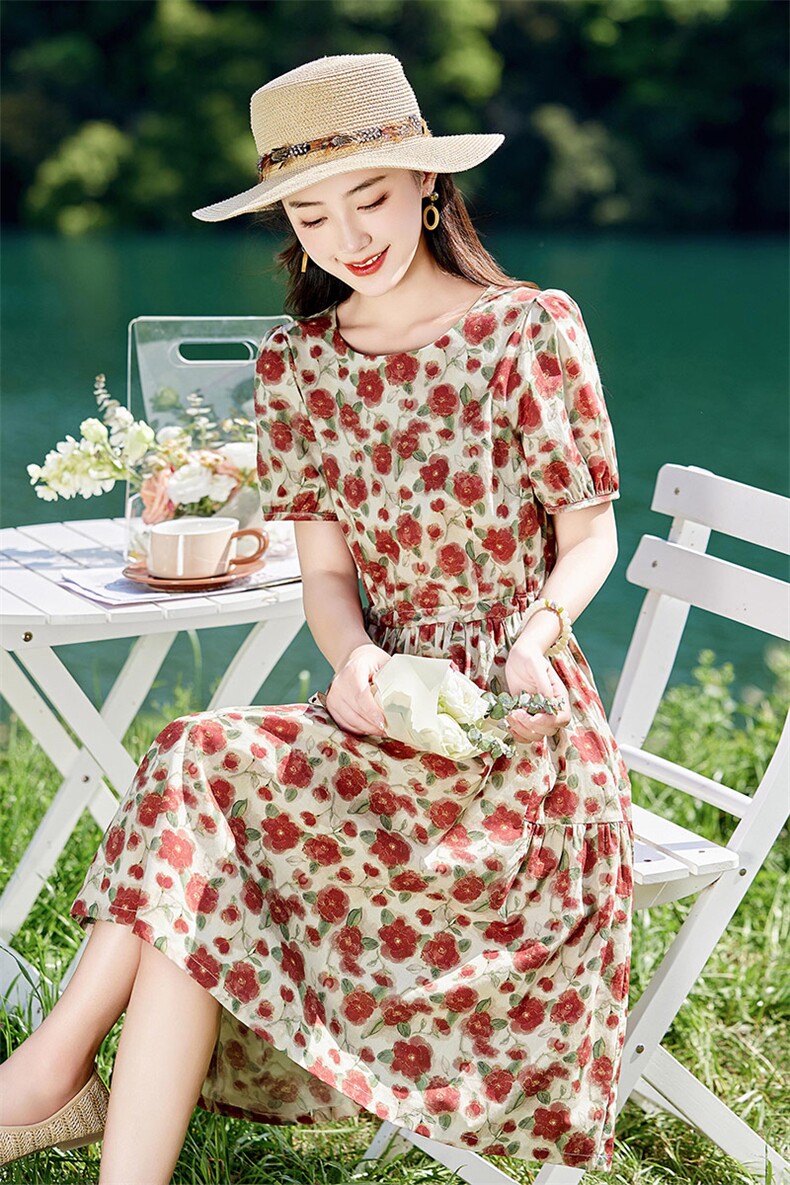 碎花纯棉短袖连衣裙女2026夏季新款小个子收腰显瘦甜美印花a字裙,女装连衣裙,倪叶myz