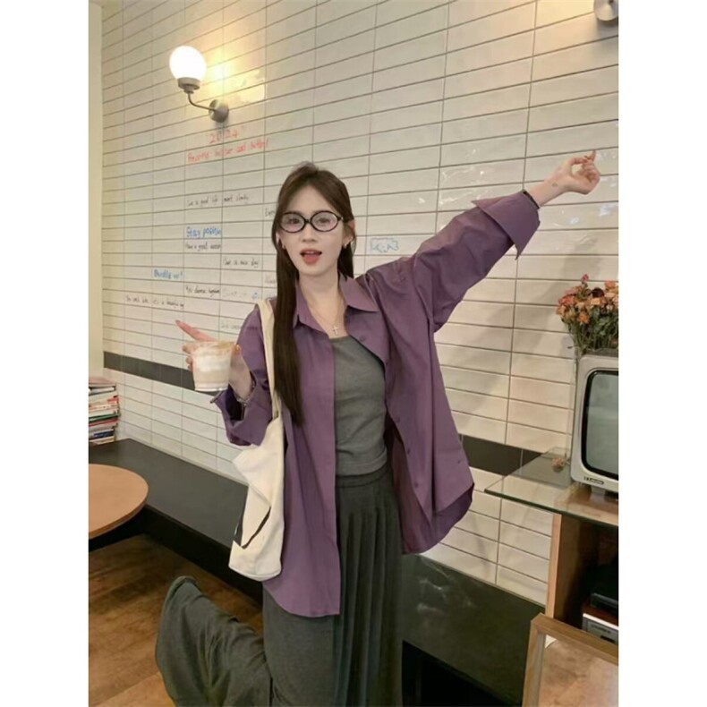 TC614-P45新款纯棉纯色ins潮翻领长袖衬衫简约休闲上衣外套,女装衬衫,星座617A-2