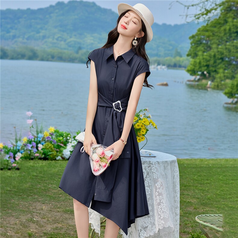 2026夏装新款简约时尚休闲不规则裙摆显瘦修身连衣裙,女装连衣裙,美沁
