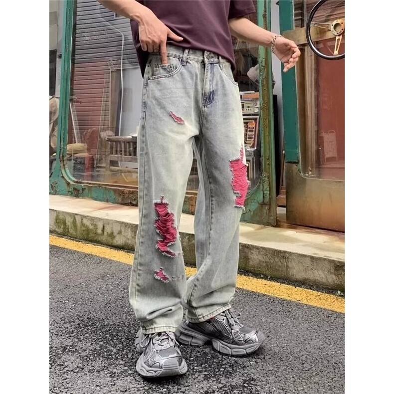 139-P45 美式高街复古做旧破洞阔腿牛仔裤男士宽松直筒垂感痞帅图片