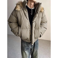 现货三防重磅硬挺boxy短款羽绒棉衣座山雕大毛毛领PU皮棉服外套冬，男装棉衣，电商A443