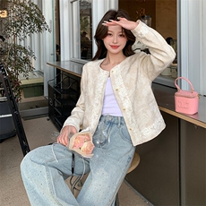 高级感小香风蕾丝花边短外套女春季款上新洋气国风圆领单排扣上衣，女装短外套，浙宝208A