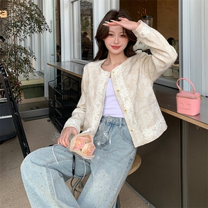 高级感小香风蕾丝花边短外套女春季款上新洋气国风圆领单排扣上衣图片
