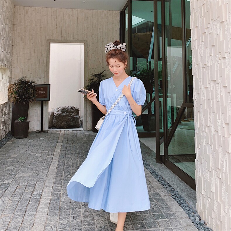 档口现货，助力618法式连衣裙襟系带过膝长裙895-p85k138,女装连衣裙,Mushroom