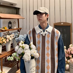 春秋季新款情侣无袖针织衫毛衣宽松菱格马甲背心男 M531-P36图片