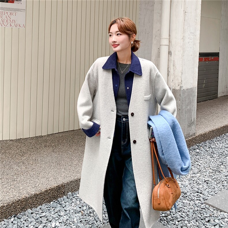 韩系假两件翻领撞色拼接双面呢羊毛大衣女秋冬2025新款高级感外套,女装毛呢外套,2B156