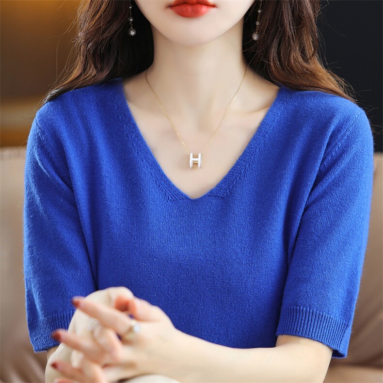 2025年V领套头毛衣女中袖打底衫宽松五分袖针织短袖女内搭上衣,针织衫/毛衣,皓宇羊绒