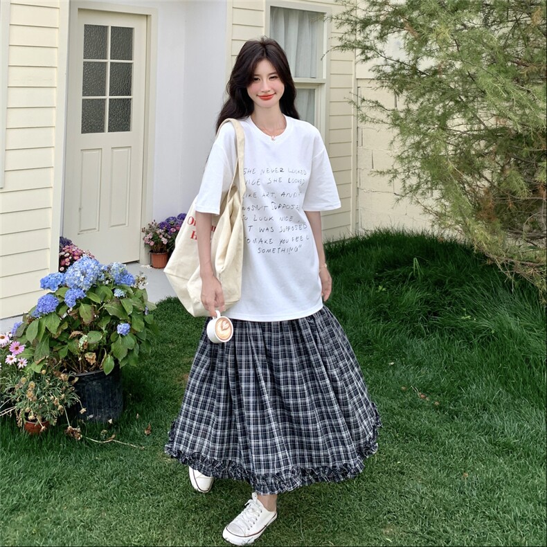 韩版学院风短袖格子半身裙套装女2025年夏季新款超好看显瘦两件套,女装套装/套裙,维壹
