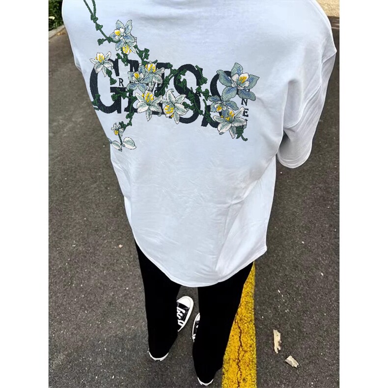 网图有货藤曼花卉原创刺绣短袖T恤男美式高街情侣体恤A326-P35，男装T恤，星座1505