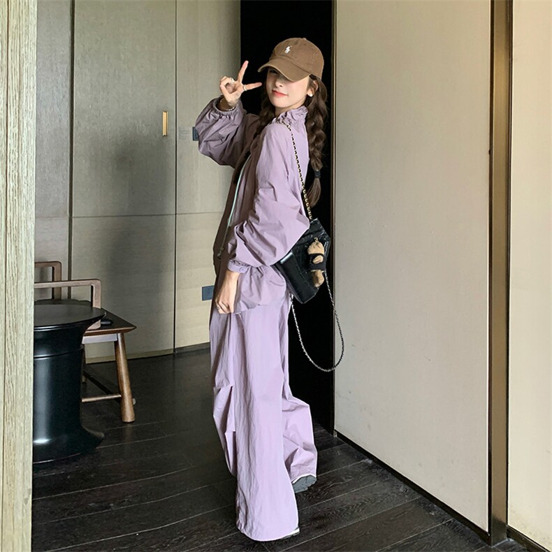 今年流行紫色冲锋衣外套女早秋2025新款百搭休闲风显瘦工装裤套装,女装套装/套裙,纯色衣恋