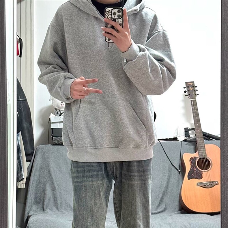 抖音得物高品质二开25秋冬美式重磅宽松纯色连帽拉链高领卫衣W65,男装卫衣,电商A486