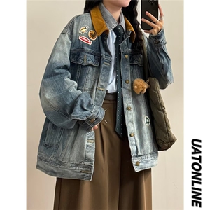 2605-P70 美式复古高街牛仔外套女春秋季机车潮牌翻领宽松刺绣图片