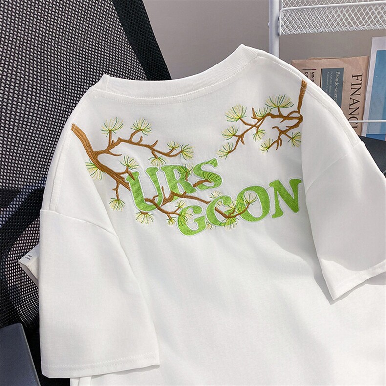 万针全刺绣工艺高品质260克双纱纯棉美式高街罗汉松短袖T恤特P33,男装T恤,电商A486