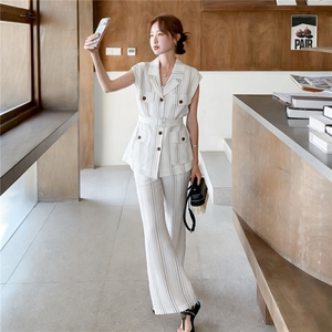 《现货26夏上新》100%亚麻条纹气质长裤收腰两件套装女图片