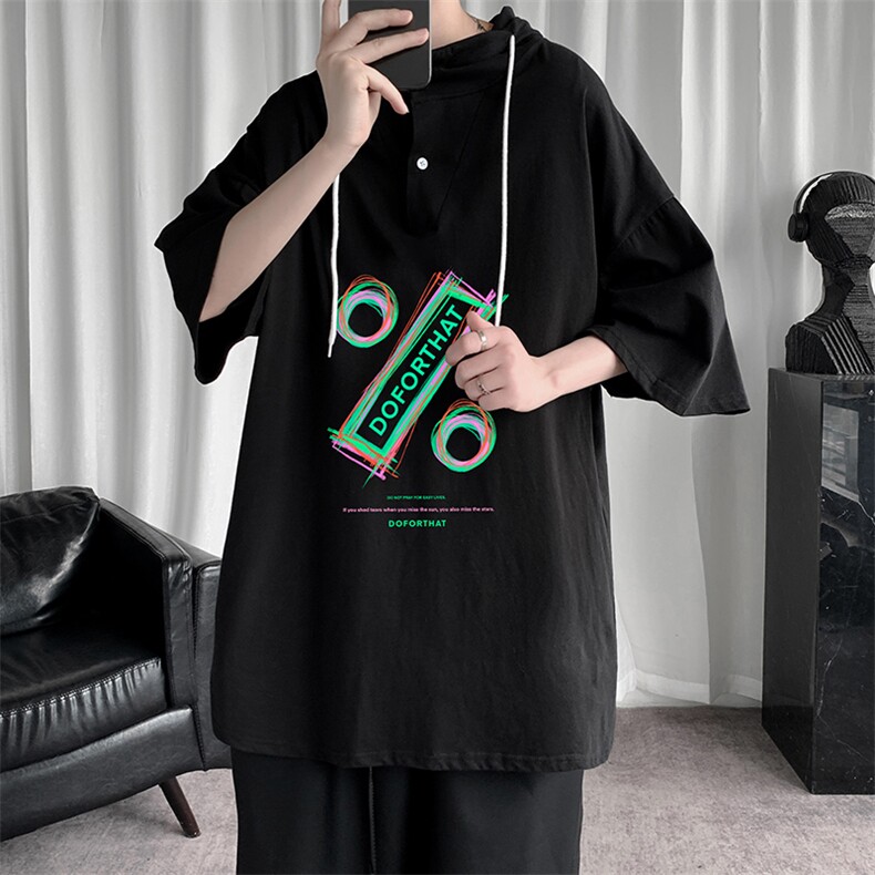 LD54171-P45连帽短袖t恤男大码胖子带帽五分袖中袖,男装T恤,电商A040