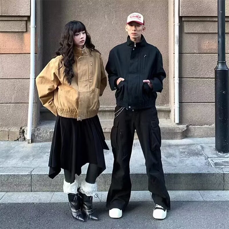 现货网图复古卡其色立领工装夹克男女短宽巴恩风外套B20-P55,男装夹克,星座910-1