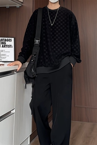 S5020/特P32春装新款棋盘格套头卫衣男潮宽松百搭长袖T恤外套图片