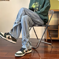 高街设计感潮牌绑带阔腿牛仔裤男ins复古水洗宽松直筒B8066P45，男装牛仔裤，星座1116-2