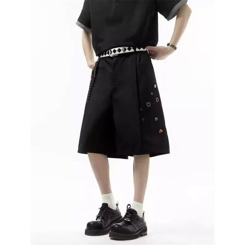 黑色廓形弯刀西装短裤男夏季薄款垂感裤子美式高街oversize五分裤,男装牛仔裤,星座813-3