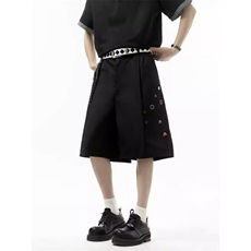 黑色廓形弯刀西装短裤男夏季薄款垂感裤子美式高街oversize五分裤，男装牛仔裤，星座813-3