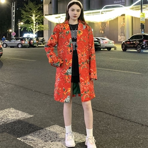 Y001男女中长款休闲风衣外套东北大花帅气外衣潮大码新中式表演出图片
