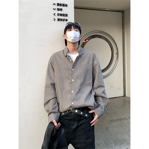 美式复古格子衬衫男高街休闲情侣长袖衬衣宽松上衣C2263-特价P33图片