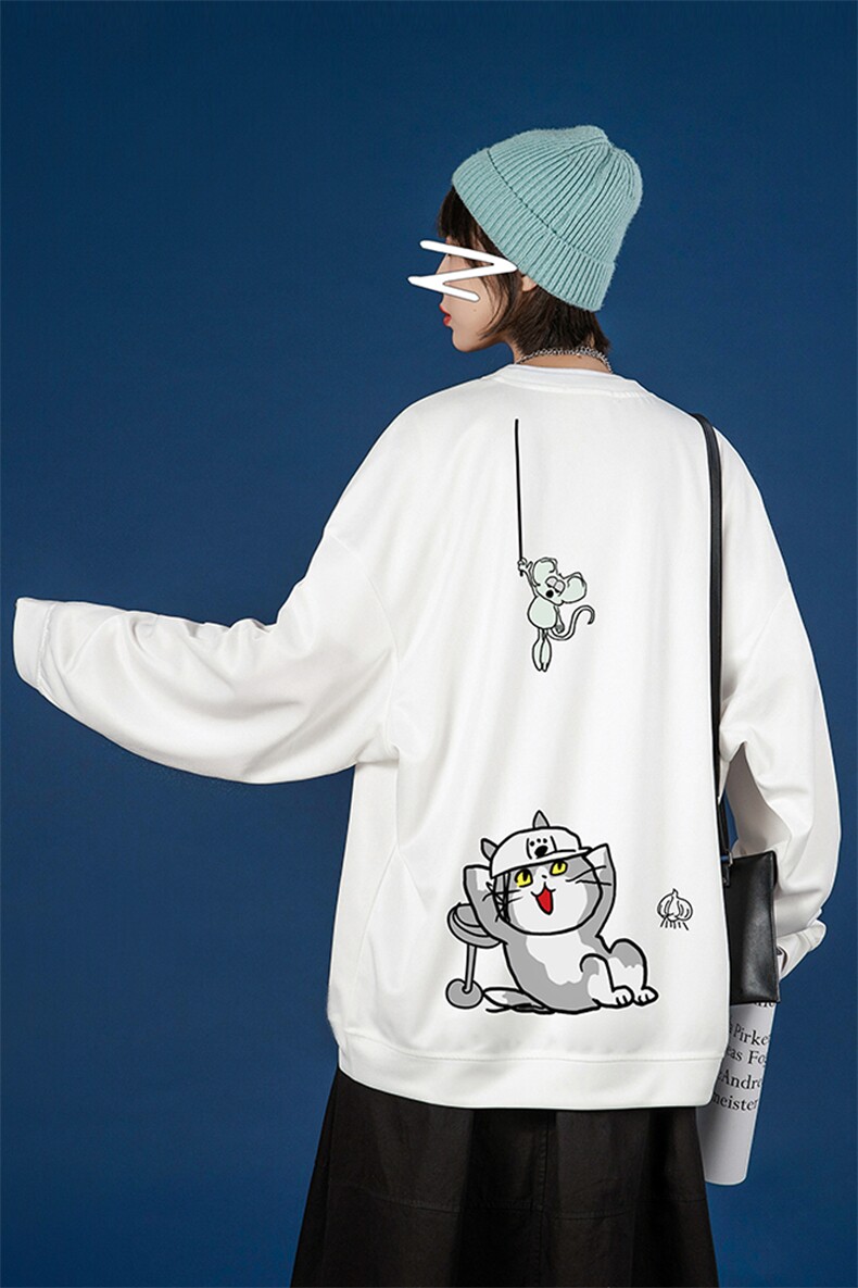 2021秋新蒙马特日系大码男潮宽松港风猫老鼠印花卫衣W5053-P28,男装卫衣,电商A001