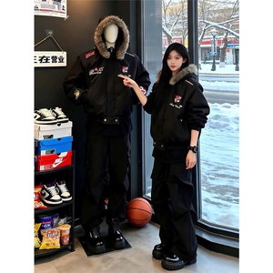 帽子可拆 美式复古刺绣徽章座山雕棉衣外套男女加厚夹克A1247-P80图片