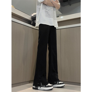 现货 黄泥美式vibe裤高街黑色破洞微喇直筒毛边牛仔裤男 K890-P55图片