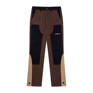 复古美式拼色工装牛仔裤男阿美咔叽做旧感机车休闲宽松直筒长裤子图片