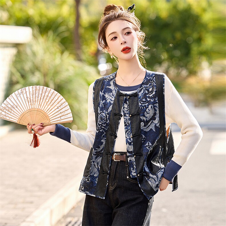 2025早春新中式国风外套盘扣提花马夹背心无袖上衣马甲女外搭开衫,女装马甲,缘衣格
