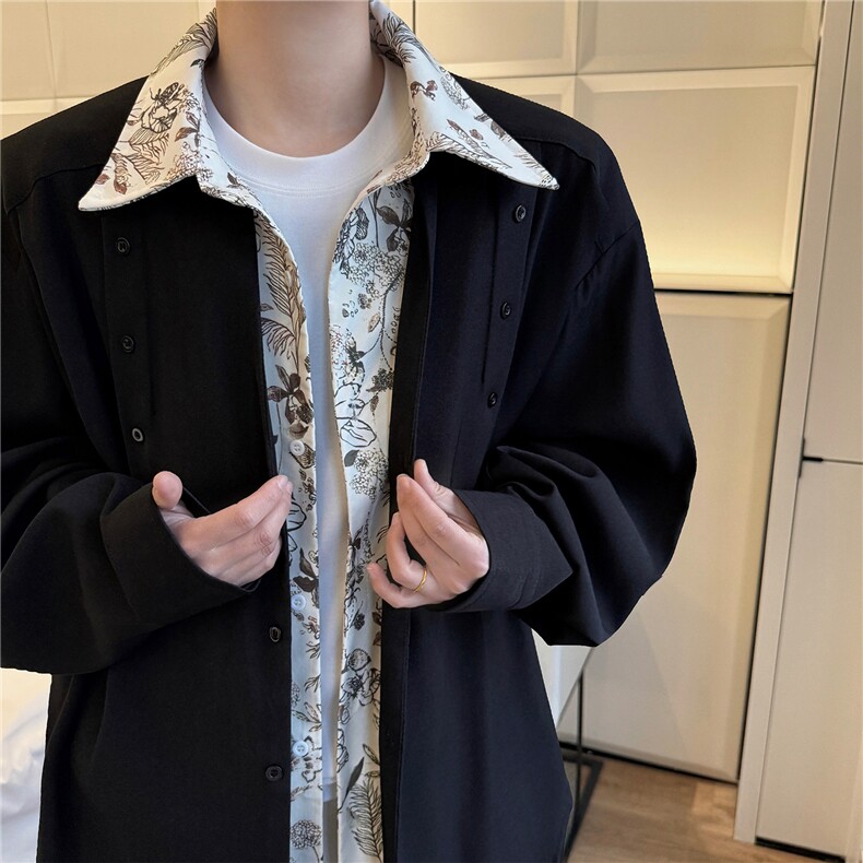 潮流休闲花卉印花领翻领假两件休闲长袖衬衫上衣男潮特P52图片