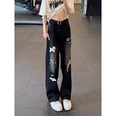 网图现货美式高街青少年涂鸦小狗刺绣牛仔裤男K9440/P50，男装牛仔裤，星座205-3