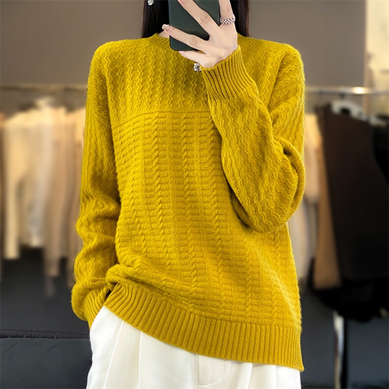 时尚百搭女士羊毛衫圆领绞花纯色舒适宽松毛衣,女装羊毛衫,莺澜羊绒