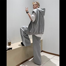 夏季运动套装休闲男女拉链无袖背心搭配条纹直筒长裤子一整套，男装休闲套装，星座601-2