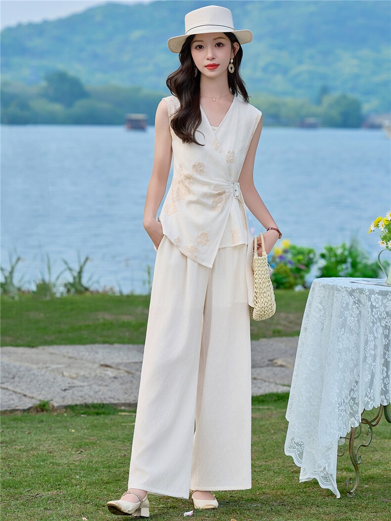 （新款现货）2026夏装时尚刺绣不对称上衣+阔腿裤棉麻套装两件套,女装套装/套裙,印象茜