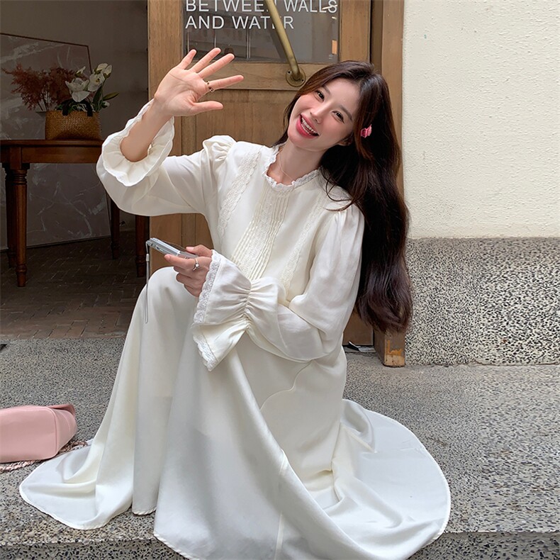 法式气质花边拼接白色连衣裙女春秋2025新款独特漂亮绝美优雅长裙,女装连衣裙,2D035