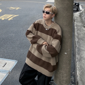 B130-P45 秋冬季潮牌条纹毛衣外套男日系复古慵懒圆领针织衫图片
