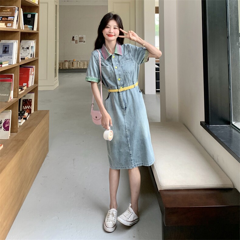 渐变翻领牛仔连衣裙女夏2025新款收腰显瘦气质小个子甜美爆款流行,女装连衣裙,2C266
