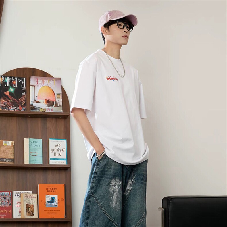 万针全刺绣工艺抖音得物高品质260克重磅纯棉双纱美式高街短袖T恤,男装T恤,电商A486-1