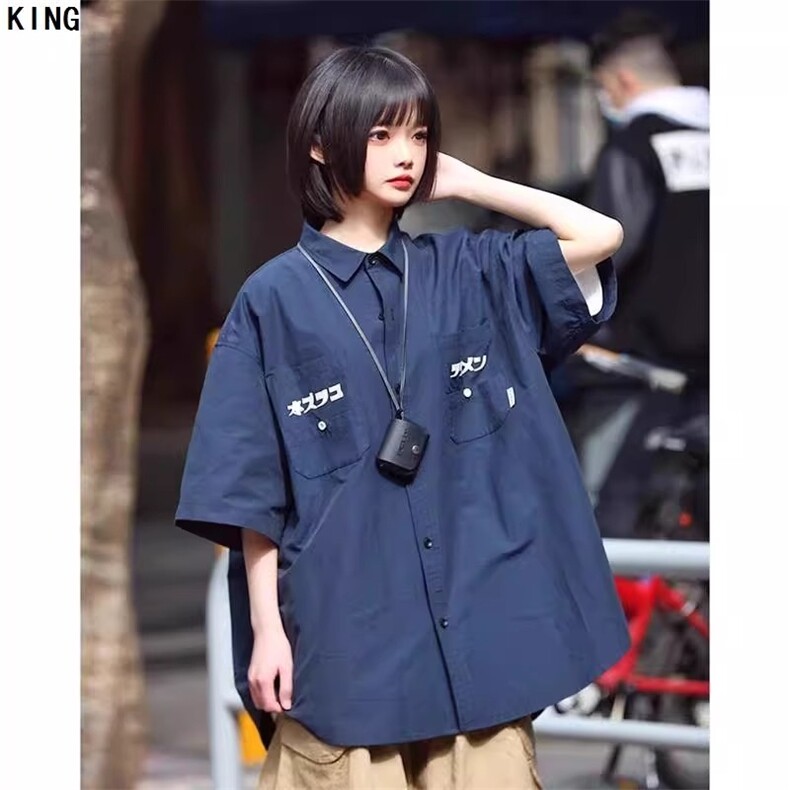 单件日系复古短袖衬衫男女大口袋日系工装五分裤夏季套装图片