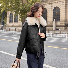 毛领加厚短款皮衣女款2025新款酷飒风加绒皮外套冬季，女装皮衣，1C078