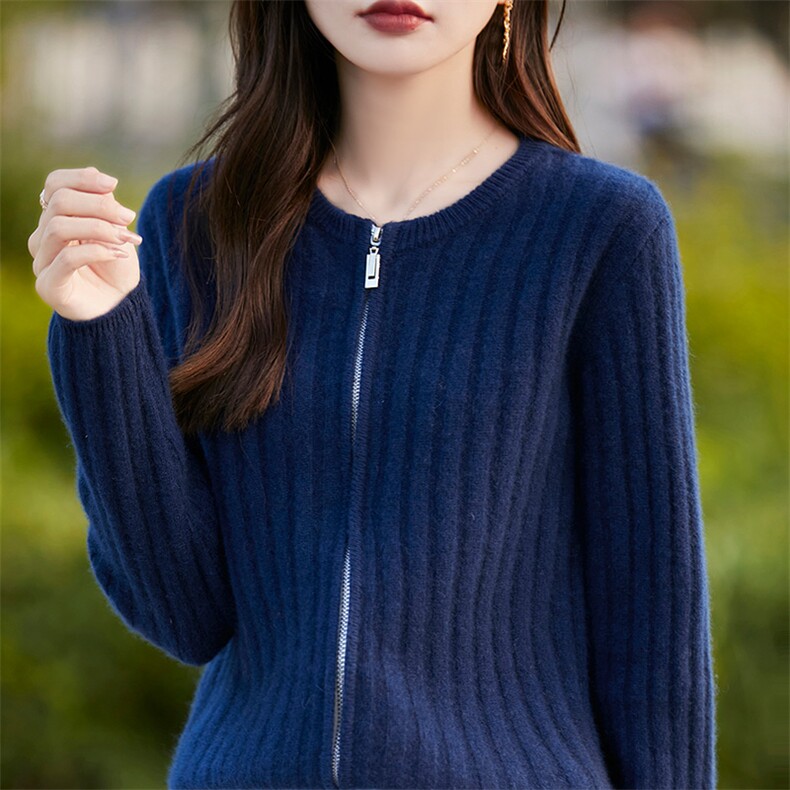 秋冬100%纯羊毛拉链开衫女圆领坑条外套毛衣宽松羊绒衫针织外搭,女装羊毛衫,吉高羊绒