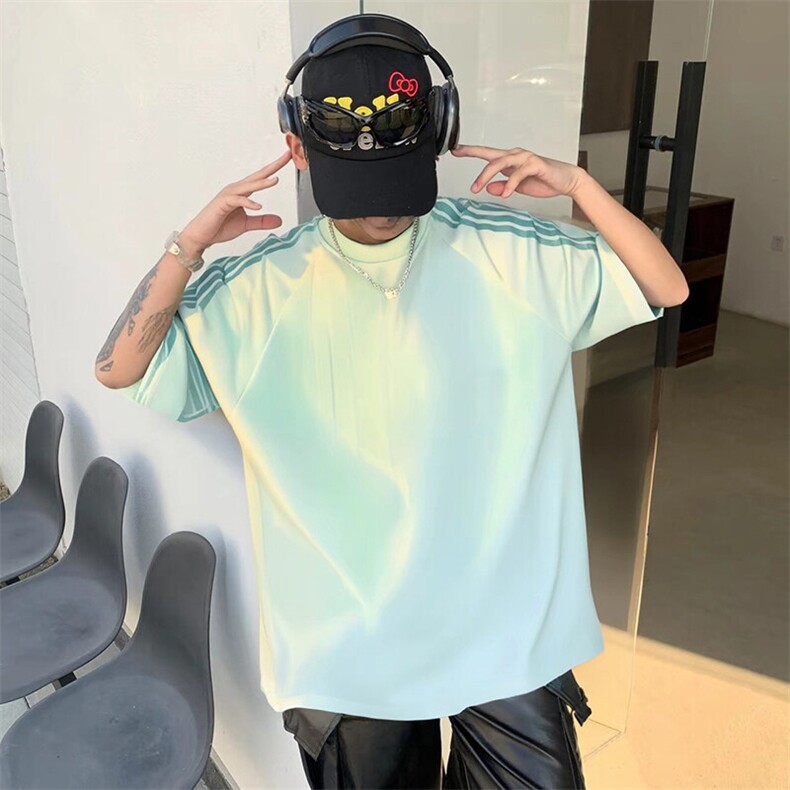 抖音得物品质二开240克宽松纯棉美式潮牌印花三条杠中性风短袖T恤,男装T恤,电商A486-1