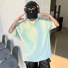 抖音得物品质二开240克宽松纯棉美式潮牌印花三条杠中性风短袖T恤，男装T恤，电商A486-1