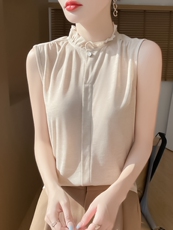 无袖女夏季木耳领袖衫宽松简约百搭纯色女上衣，女装针织衫/毛衣，绒宛羊绒